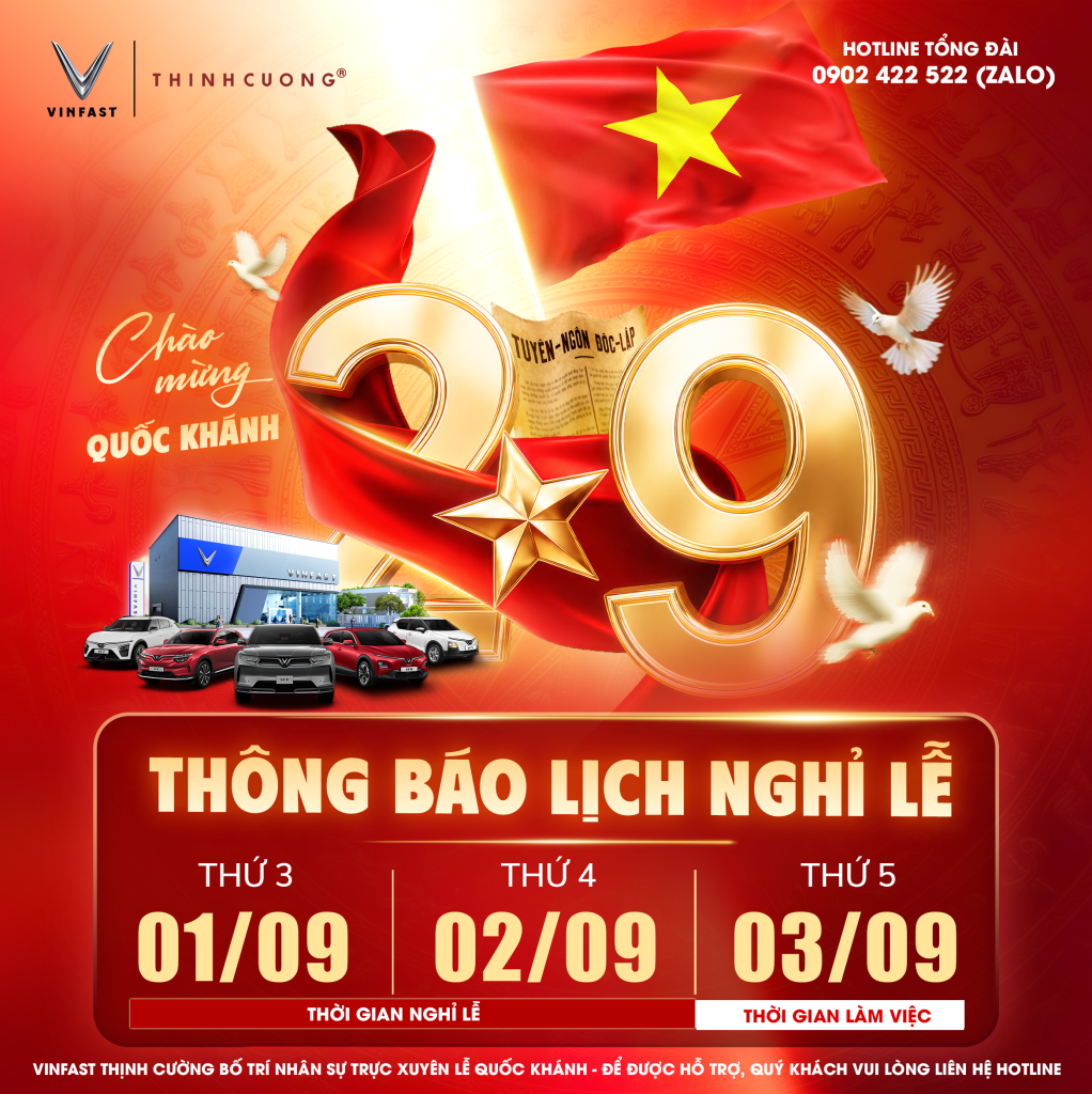 VinFast Thịnh Cường Thông Báo Lịch Nghỉ Lễ Quốc Khánh 2/9/2026
